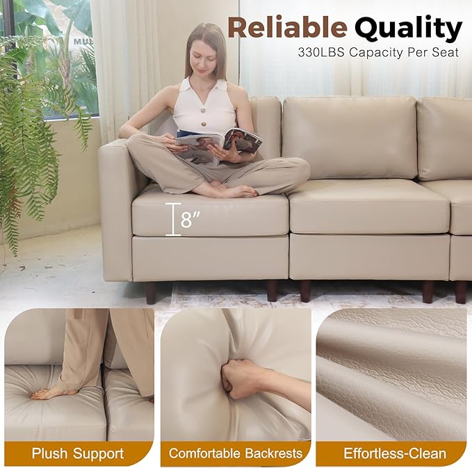 118.5" Faux Leather Modular Sectional Sofa, L Shaped Couch Set for Living Room, 6-Seater Comfy Cloud Couches with Movable Storage Ottoman Whitesand-HomvellaHome