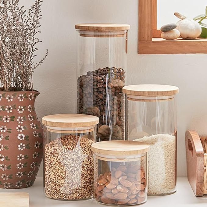 Glass Food Storage Jars, Glass Jars with Bamboo Lids, Kitchen Storage Jars, Canisters with Airtight Lids for Spice, Coffee, Cookie, Set of 5, Pantry Organizers-HomvellaHome