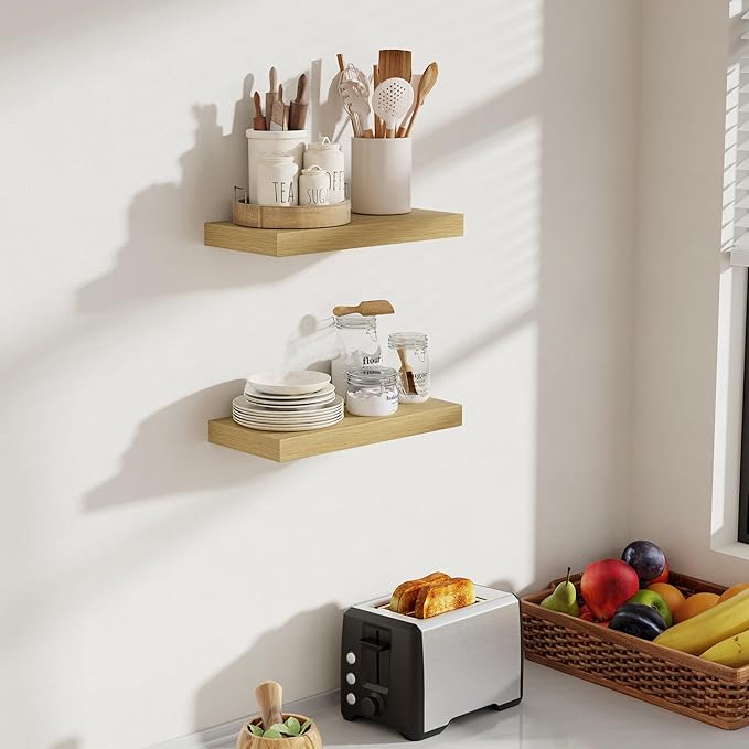 16 Inch Floating Shelves, 8 Inch Deep Floating Shelves for Wall, Hanging Shelf with Invisible Brackets, Deep Shelves for Bathroom, Bedroom, Living Room, Oak, Set of 2-HomvellaHome