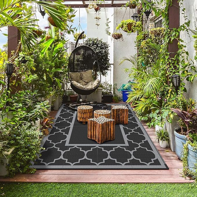 GENIMO Outdoor Rug Waterproof for Patio Decor, 6'x9' Reversible Plastic Straw Rug Carpet, Camping Mats for Outdoor, RV, Backyard, Deck, Balcony, Picnic, Black & Grey-HomvellaHome