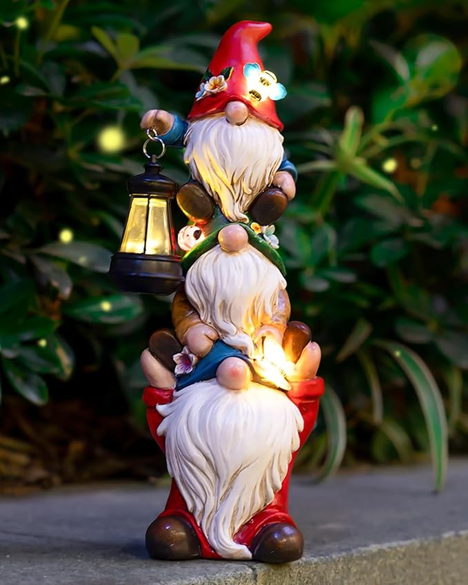 Garden Gnome Statue with Solar Lights Garden Sculptures Funny Triple Gnome Outdoor Patio Lawn Yard Balcony Garden Home Decor Birthday Gifts for Women Mom Grandma 12 in Fall Gnome-HomvellaHome