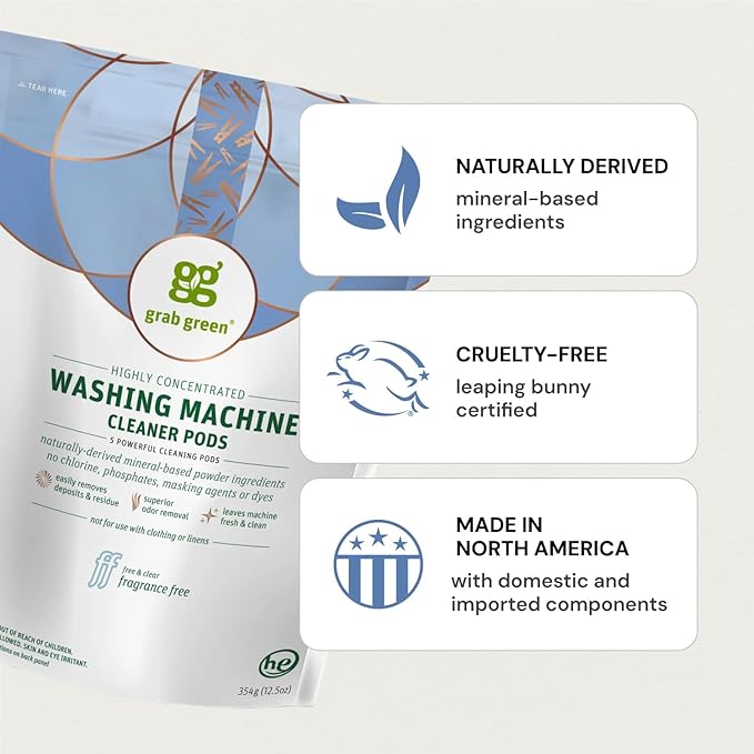 Grab Green Washing Machine Cleaner, 2 Count, Fragrance Free, Mineral Based Removes Deposits and Odors, Naturally Cleans-HomvellaHome