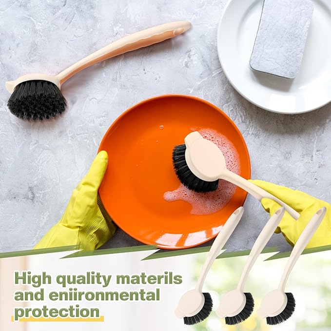 16 Pack Dish Brush with Handle Dish Scrubber Brush with Built-in Scraper Kitchen Scrub with Stiff Bristles Long Scrubber for Home Restaurant Pot Sink Washing Cleaning Supplies, Beige-HomvellaHome