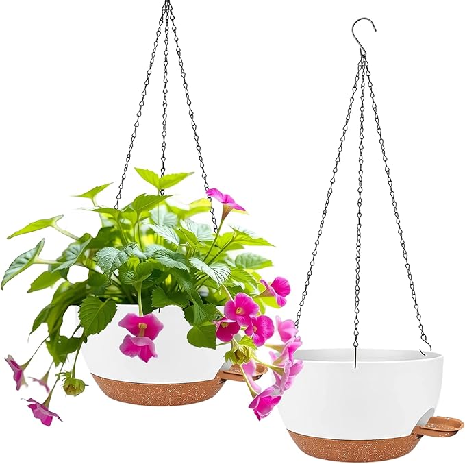 2 Pack Hanging Planters for Indoor Outdoor Plants, 12 Inch Self Watering Hanging Pot with Drainage Holes and Saucer, Plastic Plant Pots, White Brown Flower Pots for Kitchen, Balcony, Garden-HomvellaHome