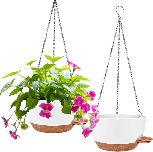 2 Pack Hanging Planters for Indoor Outdoor Plants, 12 Inch Self Watering Hanging Pot with Drainage Holes and Saucer, Plastic Plant Pots, White Brown Flower Pots for Kitchen, Balcony, Garden-HomvellaHome