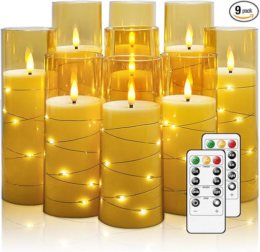 Flickering Flameless LED Candles,Battery Operated Candles 9 Pcs with Embedded Star String,Acrylic LED Pillar Candles with Remote,Suitable for Home Decoration to Create an Atmosphere（Gold）