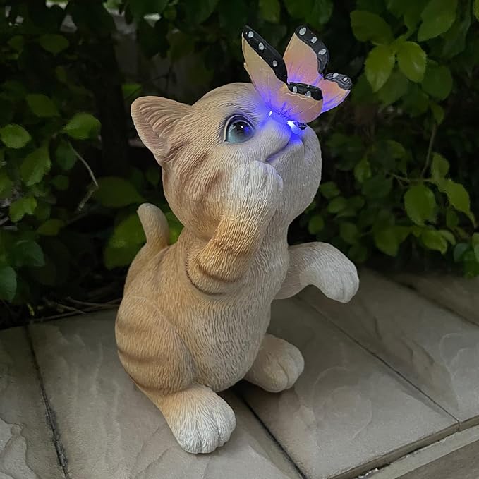 Garden Decor Solar Cat Figurines Cat Lover Gifts with LED Butterfly Lights for Indoor Outdoor Decor for Yard Garden Patio Decor Gifts for Women Grandma Mother's Day Birthday-HomvellaHome