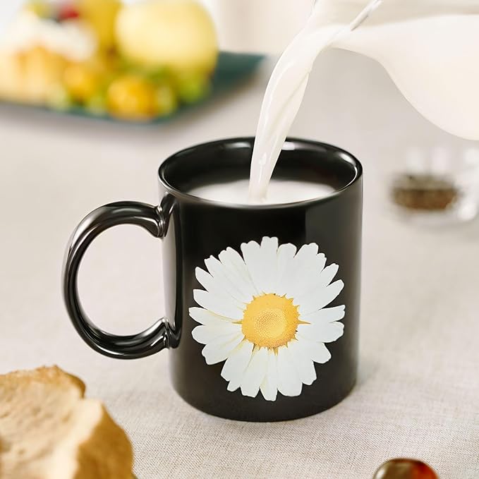 12Oz Daisy Black Ceramic Mug, Mug for Daily Coffee and Tea, Lead-free, Microwave and Dishwasher Safe Coffee Mug, Perfect gifts for women and men-HomvellaHome