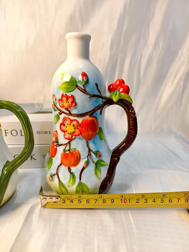 18 Oz Hand Painted Relief Ceramic Olive Oil Bottle Dispenser for Kitchen, Oil and Vinegar Bottle, Seasoning Bottle with Stainless Steel Nozzle, 540mL Oil Container with Handle for Cooking, Light Proof-HomvellaHome