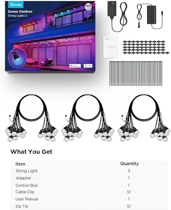 Govee Smart Outdoor String Lights 2, 144ft Outdoor Lights with Dimmable Warm White LED Bulbs, 47 Scene Modes for Patio, Backyard, Balcony, IP65 Waterproof, Works with Alexa, App Control-HomvellaHome