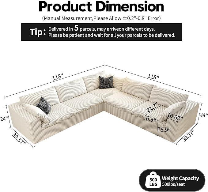 118" Cloud Couch Oversized Modular Sectional Sofa for Living Room,Modern Sofa with Deep Seat，V Shaped Boneless Couch,Comfy Upholstered Corduroy Couches for Apartment, Studio, Office,Bedroom，White-HomvellaHome