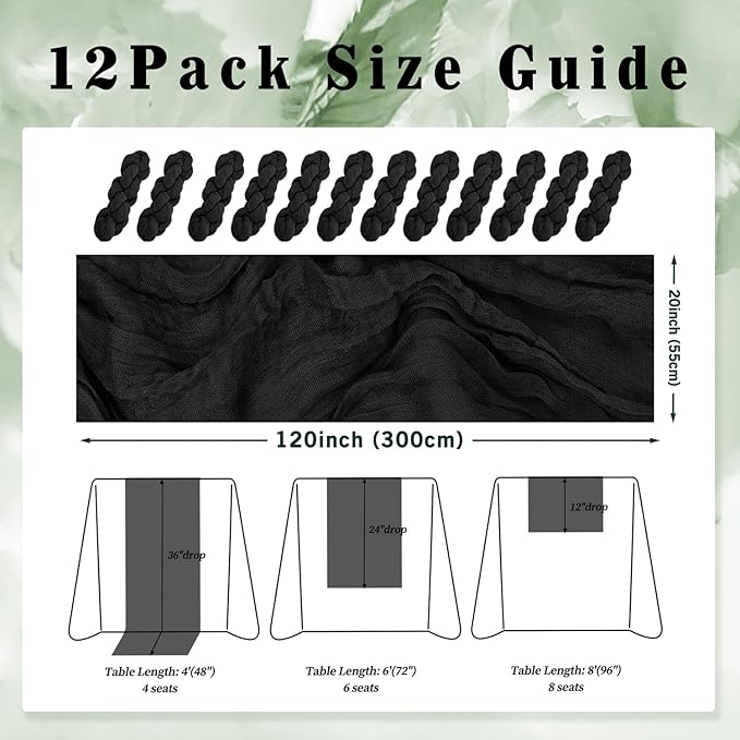 10FT 12 Pack Black Cheesecloth Table Runner 20 x 120 Inch Long Boho Fabric Rustic Cheese Cloth Table Runner for Wedding Bridal Shower Baby Shower Gauze Sheer Birthday Party Table Decorations-HomvellaHome