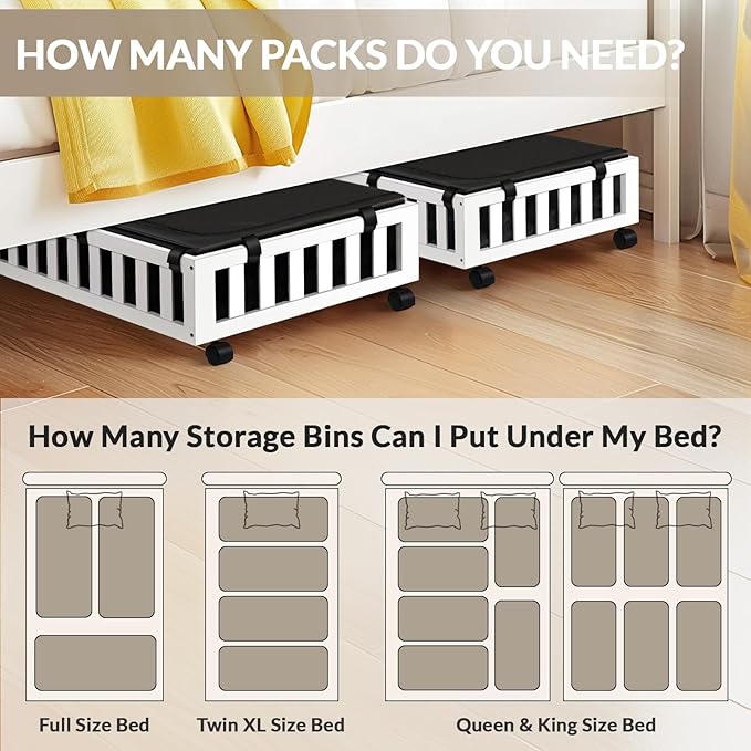 2 Pack Bamboo Under Bed Storage with Wheels, 39”x20”x7.8” Lager Under Bed Storage Containers (White)-HomvellaHome