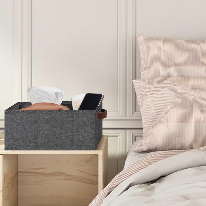 GhvyenntteS Small Fabric Storage Bins 12 Pack, 11.8" x 7.87" x 5.11" Storage Basket with Leather Handles, Closet Storage Bins for Shelves, Storage Baskets for Shelves, DVD Storage (Grey)-HomvellaHome