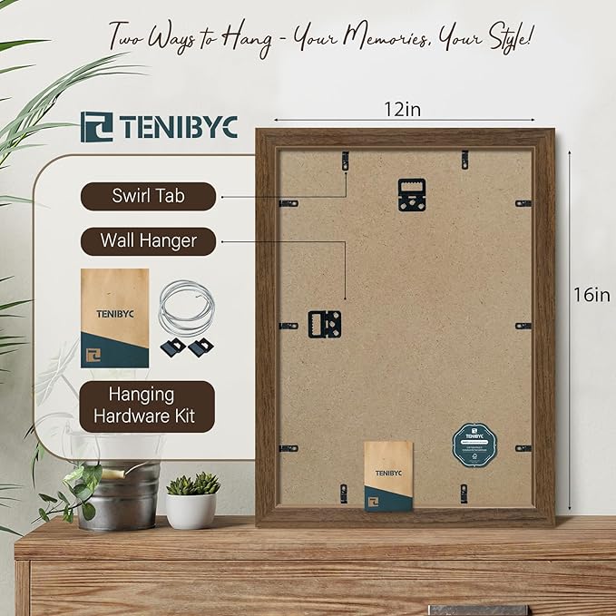 12x16 Picture Frame 3 pk, Brown Woodgrain, HD Tempered Glass, Wall Gallery Frame-HomvellaHome