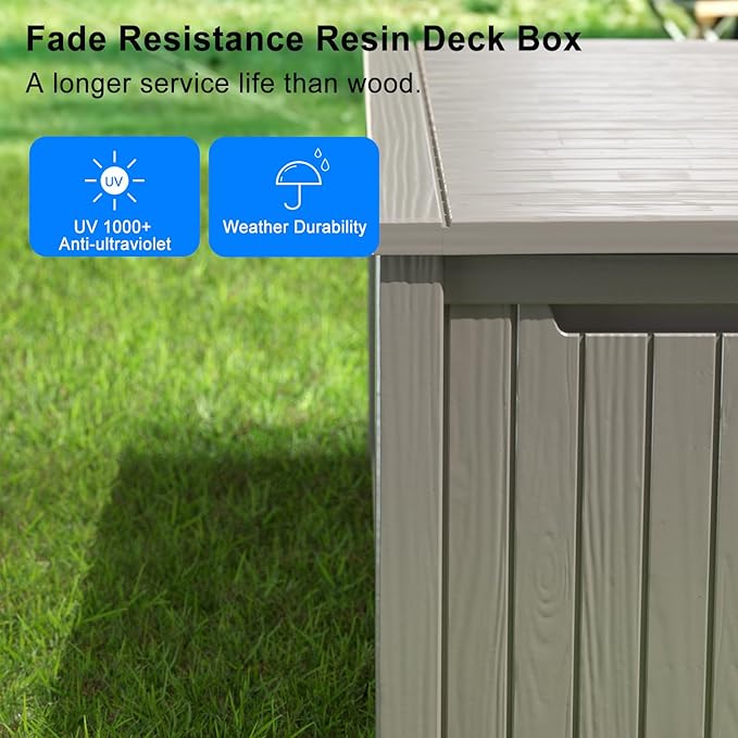 150 Gallon Deck Box,Resin Outdoor Storage Box with Lockable for Patio Furniture, Pool Accessories, Garden Tools Waterproof Outside Storage Box, Grey-HomvellaHome