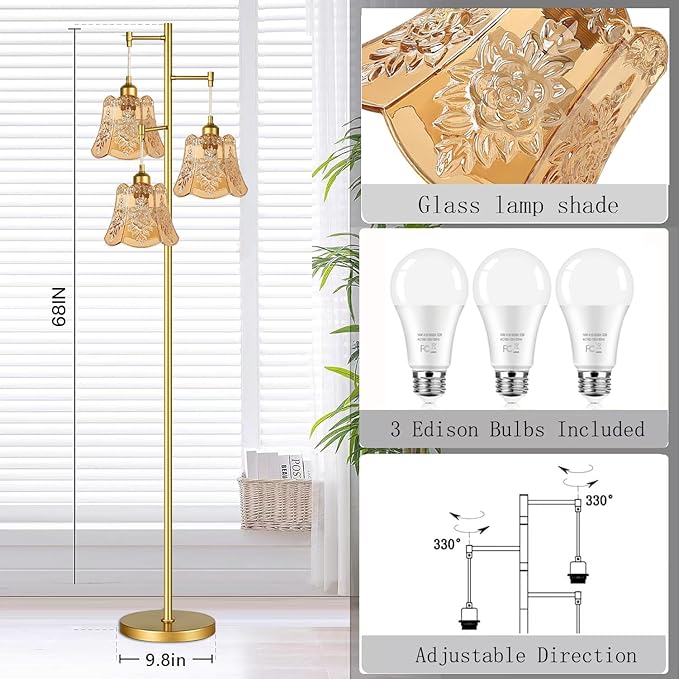 Gold Floor Lamp for Living Room,Bedroom,Tree 3 Light Standing Lamp Mid Century Modern Brass Tall Floor Lamps Vintage Retro Floor Lights Glass Green Flower Lamp Shade Farmhouse Boho Bohemian-HomvellaHome