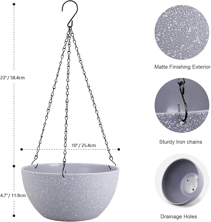 10 inch Hanging Planters for Indoor Outdoor Plants, 2 Pack Hanging Flower Pots with Drainage Holes and Chain for Garden Porch, Plastic Hanging Baskets for House Plants, Speckled Grey-HomvellaHome