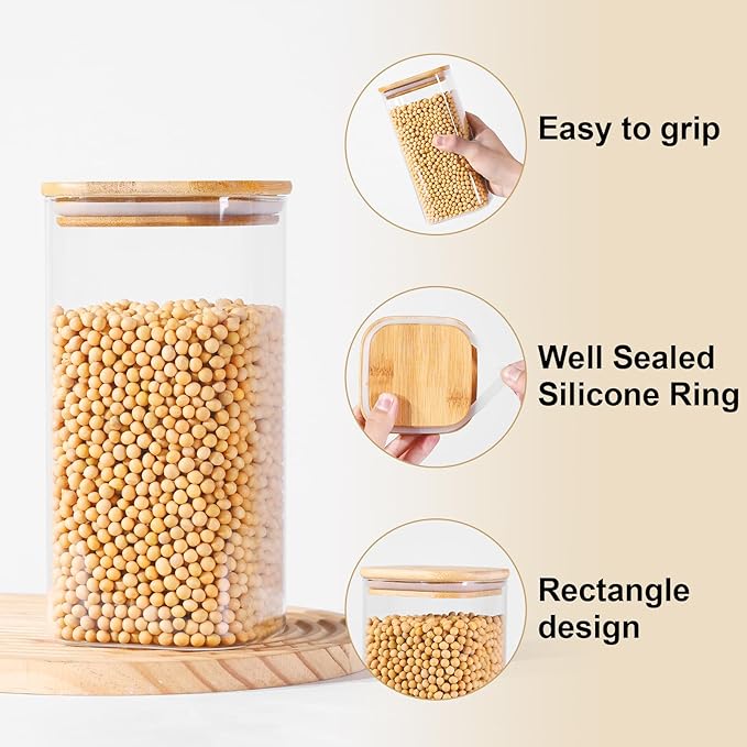 Glass Food Storage Jars with Lids(50oz)Square Set of 3 ,Glass Storage Containers Clear Glass Food Canister with Bamboo Lid Airtight For Serving Tea, Coffee Beans, Flour,Cookie, Cereal,Spice and More-HomvellaHome