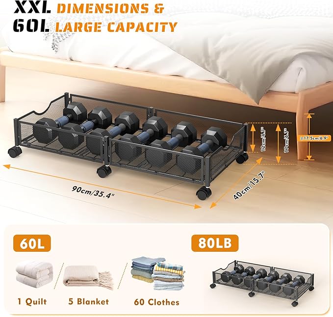 2 Pack Under Bed Storage with Wheels, 36" Lengthen Underbed Storage Containers with Lids, Large Capacity Under Bed Shoe Storage, Metal Clothes Organizer, Storage Box for Clothing Shoes Blankets Sheet-HomvellaHome