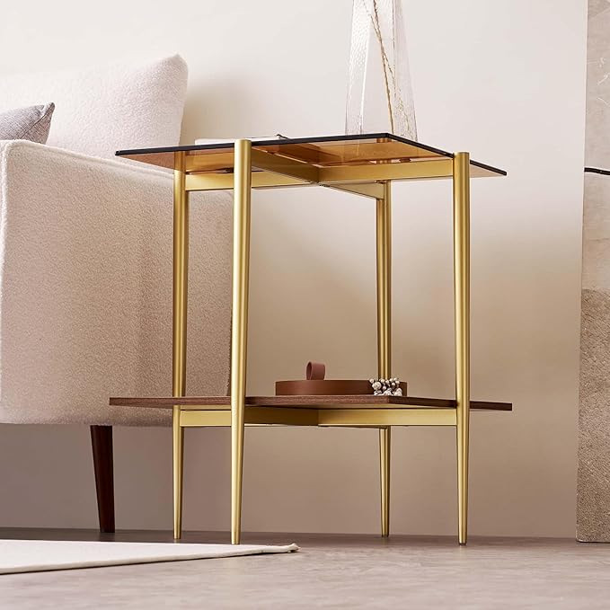 Glass End Table, Mid-Century Modern Design Sofa Table, L41 x W21 x H17, for Living Room, 2-Tier Structure, Clear Glass Top and Walnut MDF Shelf, Sleek Conical Metal Legs with Gold Finish Frame-HomvellaHome
