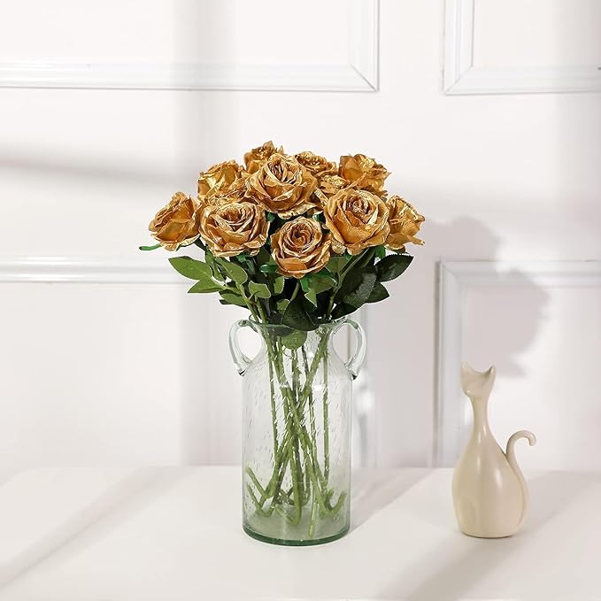 Gold Fake Roses Artificial Flowers - 10 Pcs Fake Artificial Roses Silk Flowers with Stems for Home Wedding Hotel Office Centerpiece Decor-HomvellaHome