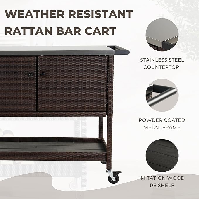 Grand patio Outdoor Wicker Bar Cart, Outdoor Bar Table with Stainless Steel Tabletop, Patio Kitchen Island Grill Cart with Storage Cabinet and 4 Hooks-HomvellaHome