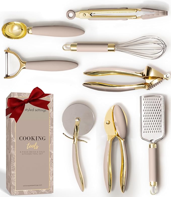 Gold and Beige Kitchen Utensils Set – 8 PC Cooking Gadgets with Mini Gold Whisk and Tongs, Pizza Cutter, Garlic Press, Cheese Grater, Peeler, Can Opener, Scoops – Stylish Beige Kitchen Accessories-HomvellaHome