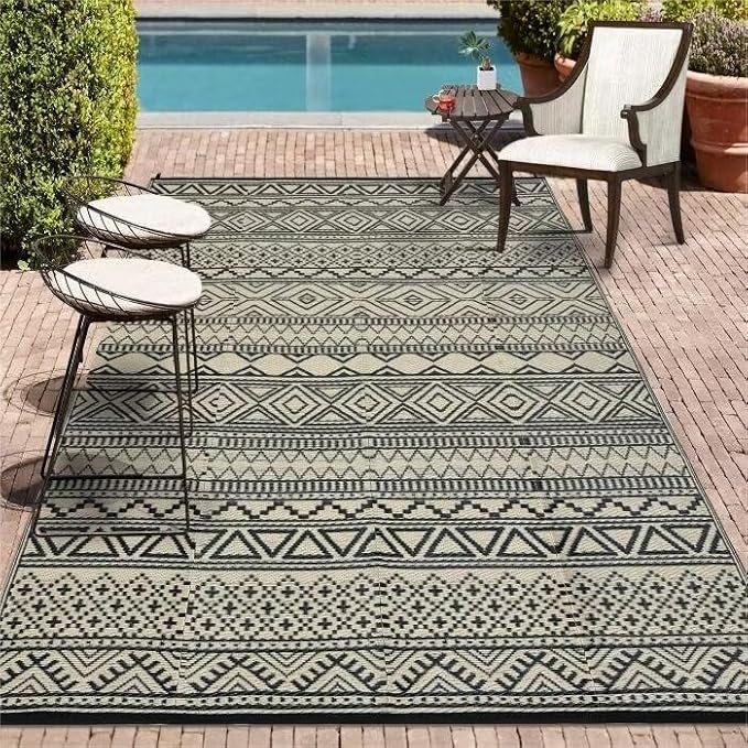 GAOMON Outdoor Rug for Patio Clearance 5x8 Reversible Plastic Straw Patio Rug for Camping Stain & UV Resistant RV Mats for Porch, Deck, Backyard, Camper, Balcony, Picnic, Black&Brown-HomvellaHome