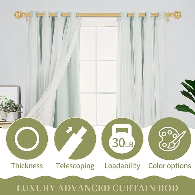 Gold Adjustable Curtain Rods for Windows:Farmhouse Heavy Duty Curtain Rod for Bedroom Living Room,Boho Decorative Rustic Drapery Rod with Vintage Coastal Texture Finial,Brass Gold 2Pack 36-88"-HomvellaHome