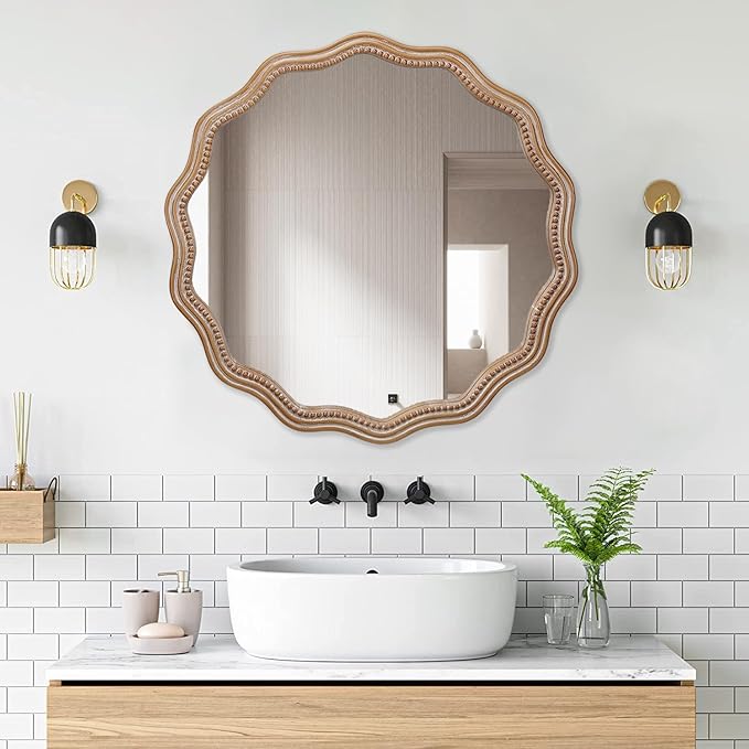 Round Mirror Vanity Mirrors for Bathroom with Wavy Wood & Beaded Frame - Wall Mirrors for Living Room,Entry Mirrors for Wall,Decorative Mirror-HomvellaHome