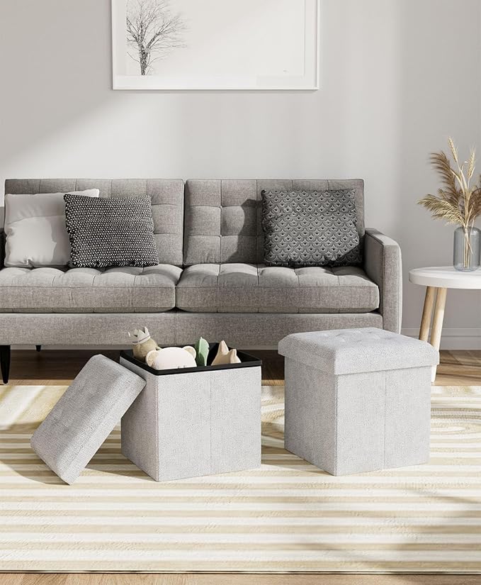 15 Inches Small Folding Storage Ottoman Cube, Storage Footrest, Foot Rest Stool, for Living Room, Bedroom, Dorm, Hallway, Entryway, Light Gray-HomvellaHome