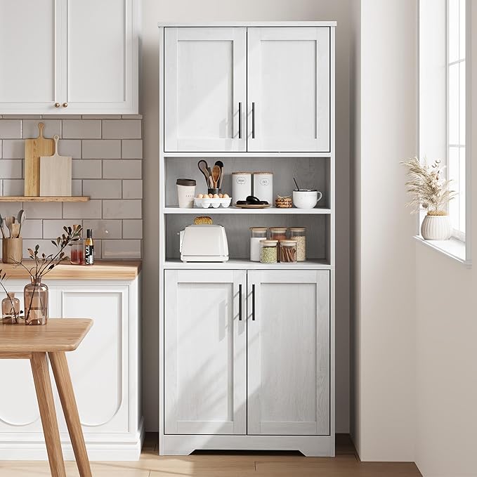 GarveeHome 67" Tall Storage Cabinet, Tall Bathroom Cabinet with 4 Doors and Adjustable Shelves, Freestanding Kitchen Pantry Cabinets, Cupboard for Living Room, Dining Room, Antique White-HomvellaHome