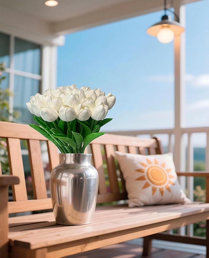 15pcs White Tulips PU Artificial Flowers Real Touch Fake Tulips for Spring Easter Home Kitchen Wedding Bouquet Bulk Mother's Gift Day Decorations-HomvellaHome