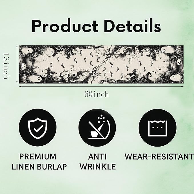 GPGHE Halloween Table Runner Black Ghost Holiday Burlap Table Decoration Indoor Outdoor Home Decor Party Supply 13 x 60 Inch-HomvellaHome