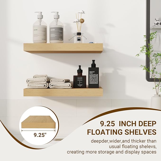 16 Inch Floating Shelves, 3D Textured Wood Grain, 16"x9.25"x1.5" Inch Deep Floating Shelves for Wall, Wooden Shelves for Bathroom, Bedroom, Living Room, Natural-HomvellaHome