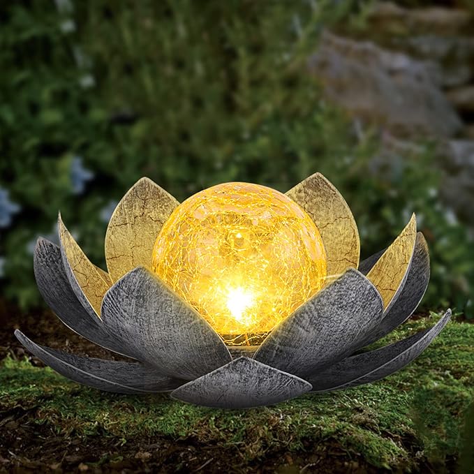 Garden Solar Light Outdoor(2Pack), Amber Crackle Globe Glass Lotus Decoration, Waterproof Gary Metal LED Flower Lights for Patio,Lawn,Walkway,Tabletop, Garden Gifts for Women-HomvellaHome