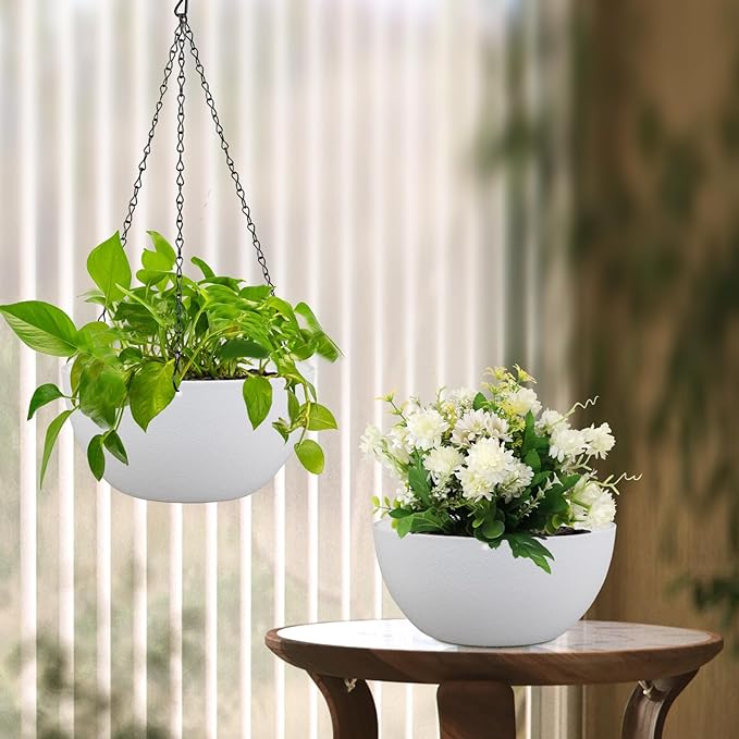 10 inch Hanging Planters for Indoor Outdoor Plants, 2 Pack Hanging Flower Pots with Drainage Holes and Chain for Garden Balcony Porch, Round Plastic Hanging Baskets for House Plants, White-HomvellaHome