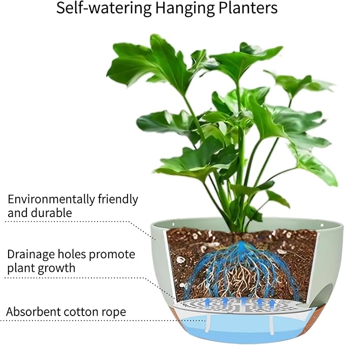 2 Pack Hanging Planters for Indoor Outdoor Plants, 12 Inch Self Watering Hanging Pot with Drainage Holes and Saucer, Plastic Plant Pots, Green Brown Flower Pots for Kitchen, Balcony, Garden-HomvellaHome