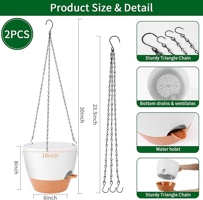 GARDIFE Hanging Planter, 10 inch Hanging planters for Indoor. Outdoor Plants, Self Watering Plant Pot, 2 Pack Large self Watering Hanging Planter, White-HomvellaHome