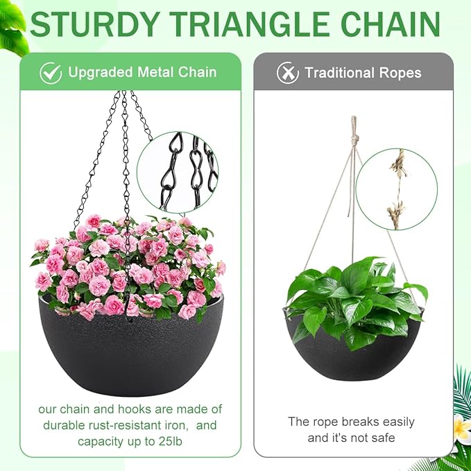 12 inch Hanging Planters for Indoor Plants, 2 Pack Planters for Outdoor Plants with Drainage Holes and Chain, Round Plastic Hanging Baskets, Hanging Flower Pots for Balcony Garden Decor-Black-HomvellaHome