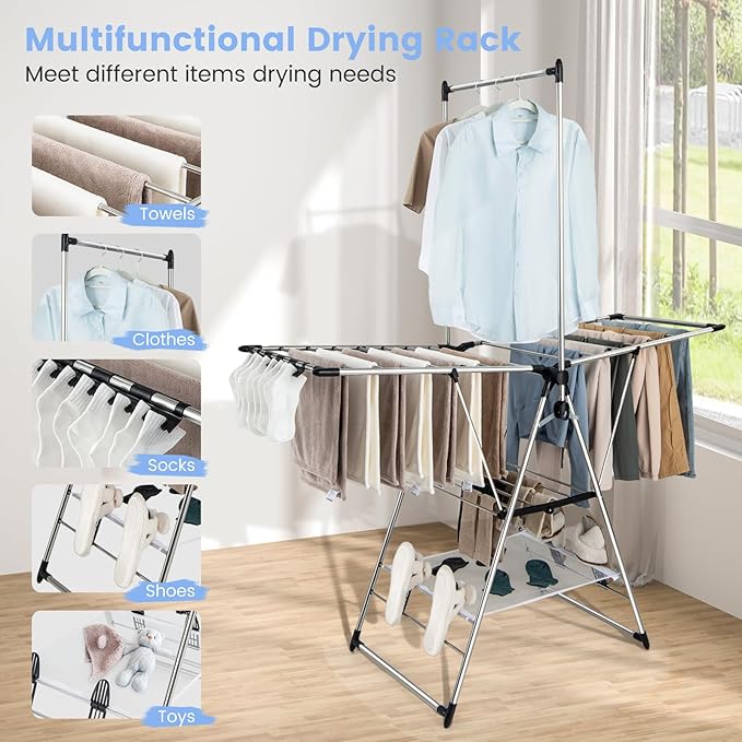 Giantex Clothes Drying Rack, Foldable Laundry Drying Rack with with 6-Level Adjustable Height, High Hanger Design, Side Clips, Space Saving Collapsible Laundry Drying Rack-HomvellaHome