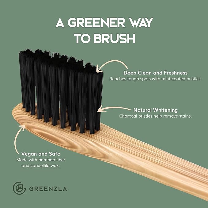 Greenzla Bamboo Toothbrushes, Wooden Toothbrush Set with Soft Bristles, Includes Travel Case and Charcoal Dental Floss, 4 Pack-HomvellaHome