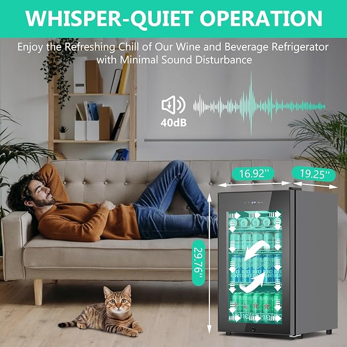 101 Cans Compressor Beverage Refrigerator, 17 Inch Drink Fridge with Glass Door, Adjustable Removable Shelves, Quiet Operation, Temp Memory, Beer Cooler for Soda, Beer, Water, Home Bar, Office-HomvellaHome