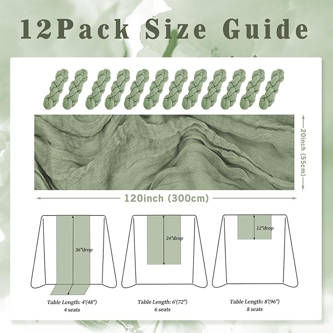 12 Pack Sage Green Cheesecloth Table Runner 10FT Rustic Gauze Fabric Cheese Cloth Table Runner for Wedding Bridal Baby Shower Table Decor 20 x 120 Inch Long Boho Sheer Birthday Party Table Decorations-HomvellaHome