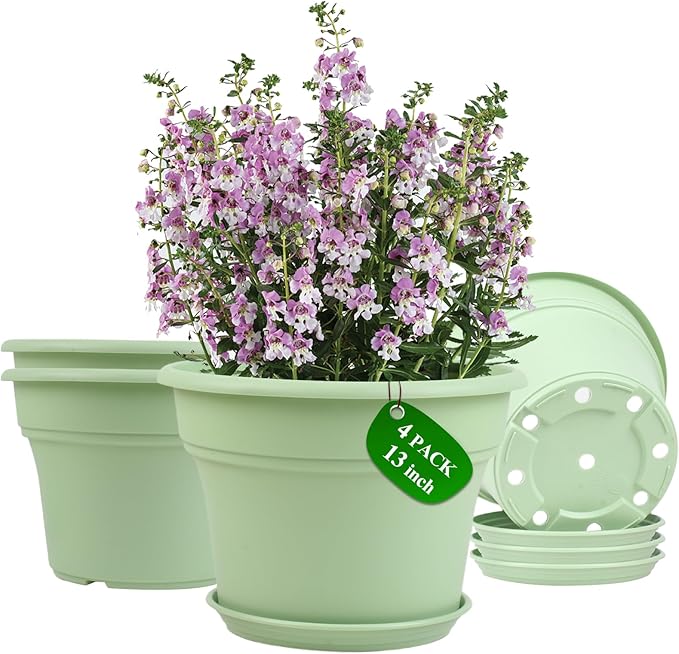 13 Inch Plastic-Flower-Pot-for-Indoor-Plants, 4 Pack Large Outdoor Planter Pot with Drainage Holes & Saucers, Resin Decorative Garden Pots Planters-HomvellaHome