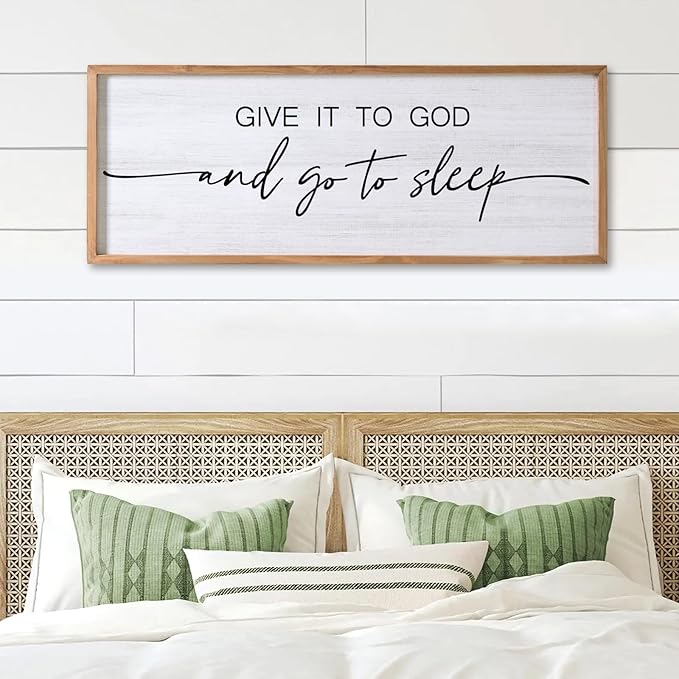 Give It to God and Go to Sleep Decorative Rustic Sign & Plaque Framed Wall Art for Couples, 40''×15'' Vintage Cottagecore Wooden Horizontal Wall Decor Above Bed, Farmhouse Wedding Gift for Bedroom-HomvellaHome