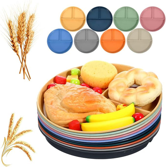 10 Pcs Unbreakable Divided Plates for Kids Adults, 9 Inch Round Portion Control Plate, 3 Compartment Plates with Dividers, Lightweight Reusable Dinnerware Portion Control Plastic, Dishwasher Safe-HomvellaHome
