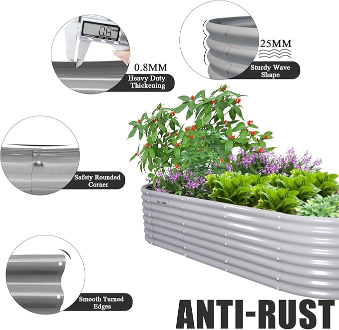 1 Pack 8x3x2FT Galvanized Raised Garden Bed Kit Oval Metal Ground Planter Box Outdoor Bottomless Planter Raised Beds for Vegetables Flowers Herbs Fruits, Gray-HomvellaHome