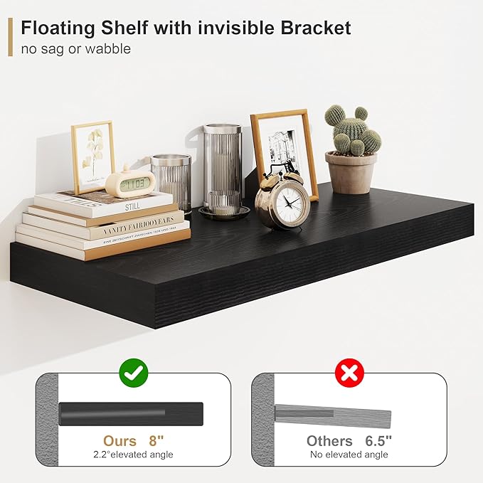 12" Deep Black Floating Shelves,Over Toilet Long Wall Mounted Modern Farmhouse 36 inches,Wall Shelves with Invisible Brackets for Bedroom, Bathroom, Living Room, Kitchen, Set of 1-HomvellaHome